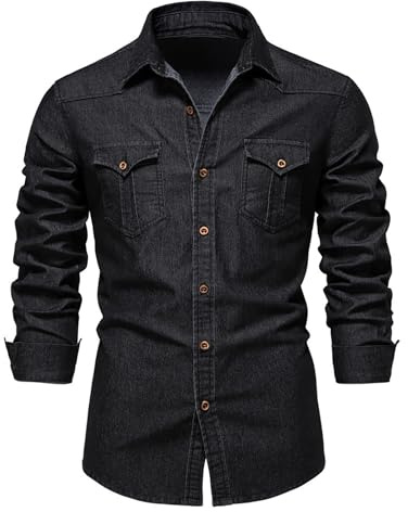 Aunribor Homme Chemise en Jean à Manches Longues Boutonnée Coupe Régulière en Coton Deux Poches pour Le Quotidien et la Sortie Décontractée