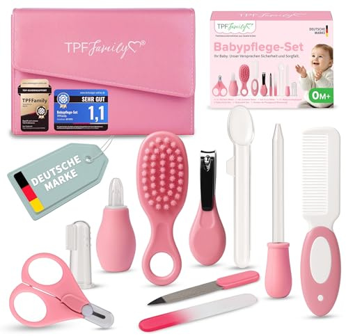 TPF Family Set Cuidado Bebé – en rosa – Kit bebe recien nacido con tijeras, aspirador nasal y cepillo – Kit higiene bebe para rutina diaria y básicos de aseo para recién nacidos.