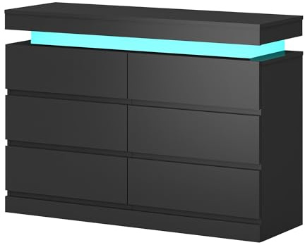 Panana 6/9 Drawers Wooden Chest of Drawers with LED Lights, Wide Lateral Dresser Cabinet No Handle Sleek Design Clothes Storage Organiser Unit Bedroom Furniture (Black, 6 Drawers)