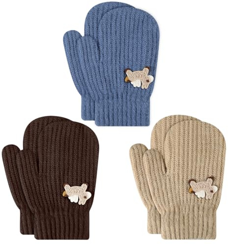 TAGVO 3 par små barn stickade vinterhandskar 1 2 3 4 5 år, varma vinterhandskar för barn, magiska stretchhandskar för pojkar och flickor, Kaffe & mellanblå & kaki, one size