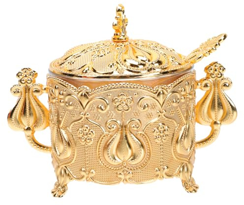 Gadpiparty Azucarero Metálico Dorado Con Cuchara, Tarro Para Condimentos De Zinc, Estilo Europeo, Apto Cocina y Hogar, Recipiente Almacenamiento Azúcar, 1 Unidad