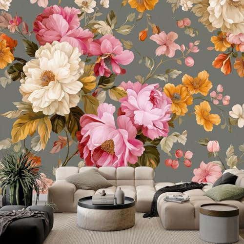 Non-Woven Wall Mural 118 x 83 inch (W x H), Light Gray Photo Wallpaper for Bedroom Living Room Decor -Retro Floral Elegant Art Wallpaper Mural Decorative Poster