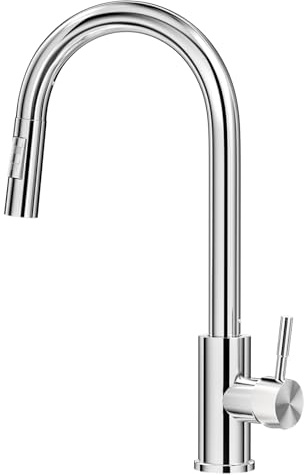 Homshsjhkis Rubinetto Lavello Cucina, Miscelatore Cucina, Rubinetto Cucina con Doccetta Estraibile in Acciaio Inox con Bocca Alta, Miscelatore Pressione Orientabile 360° Monocomando