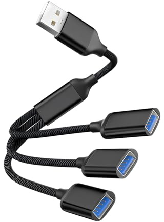 USB Splitter 1 a 3, Divisor USB 2.0 para Carga y Transferencia de Datos, Adaptador Y Hub Multipuerto Compatible con PC, Laptop, Mac, Consolas PS4 PS5 Xbox, Cable Trenzado de Nylon con Carcasa de Alumi
