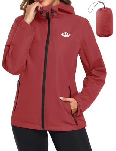 CMTOP Giacca Antipioggia Donna Impermeabile Donna, Leggero Packable Giacca a Vento, Traspirante Sportiva Raincoat con Cappuccio e Tasche per Trekking Campeggio Ciclismo Corsa(Bordeaux,L)