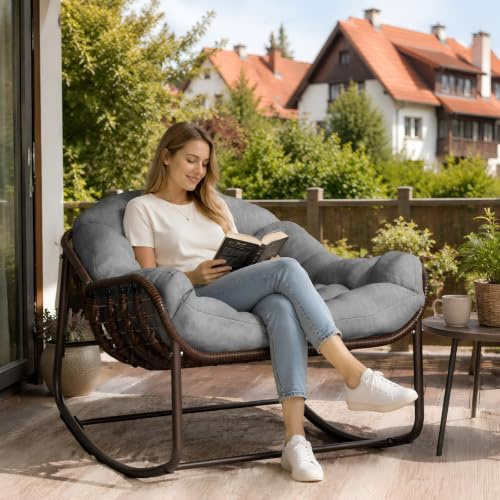 Zstar Rattan Schaukelstuhl Papasan Sessel Outdoor | Gepolstertes Sitzkissen, Metallgestell und Armlehnen für Garten, Balkon, Wohnzimmer und Schlafzimmer, Grau