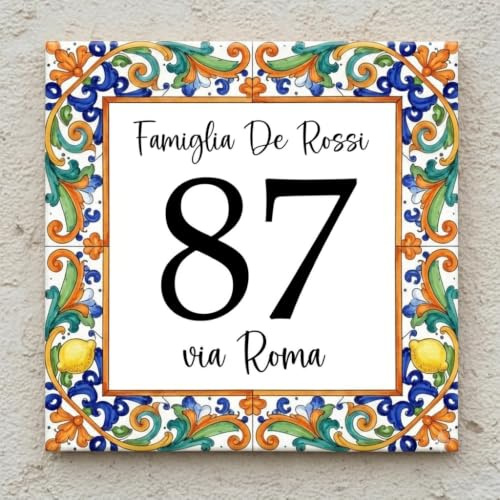 Numero Civico in Ceramica Personalizzabile, Targa Decorativa Per b&b Cin su Mattonella 11x11cm,Numeri Civici Esterno con Indirizzo e Nome Famiglia, Made in Italy, Stile Maiolica di Maiori