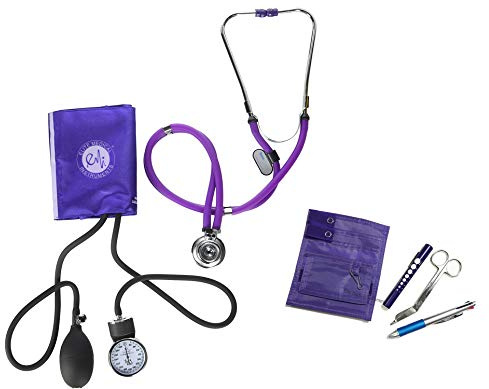 EMI NK-330 6 Piece Nurse Kit - Purple - Sprague Rappaport Stethoscope, Aneroid Sphygmomanometer, and Pocket Organizer Set (Includes Chart Pen, 5.5 in. Lister Bandage Scissors, Pen Light)