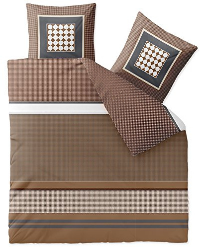 CelinaTex Touchme Biber Bettwäsche 200 x 200 cm 3teilig Baumwolle Bettbezug, Set, Bettgarnitur für Sommer und Winter, ganzjährig, pflegeleicht, Tara kariert Streifen braun beige weiß