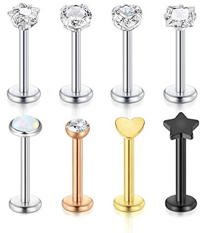 Funseedrr 8er 1.2mm Edelstahl Lippenpiercing Labret Stecker Set 6mm 8mm Silber Tragus Helix Piercing Schmuck