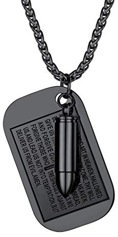 Richsteel Cadena Negra con Chapa Militar Cruz Acero para Hombres Mujeres Cadena Placa Dog Tag con Texto de Biblia