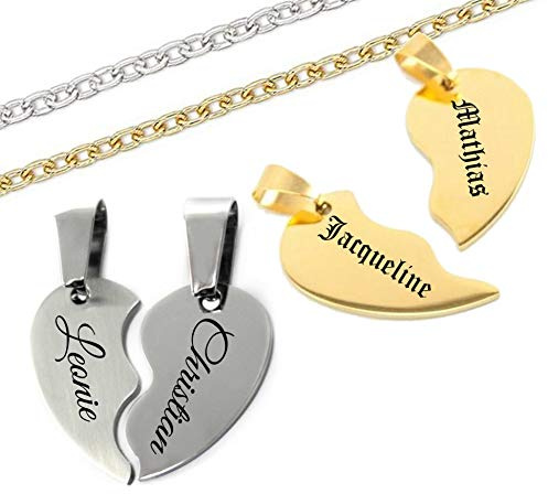 aplusashop ID Partner Anhänger geteiltes Herz + Ketten + Gravur nach Wunsch Gold oder Silber Zwei Herzteile