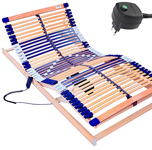 elektrischer Lattenrost 100% BUCHE - Kopf- u. Fußteil elektrisch verstellbar - SCHULTERFRÄSUNG, 7 Zonen, 44 Federleisten, Härteregulierung, Mittelgurt - Motor Comfort 44® - fertig montiert (100x200)