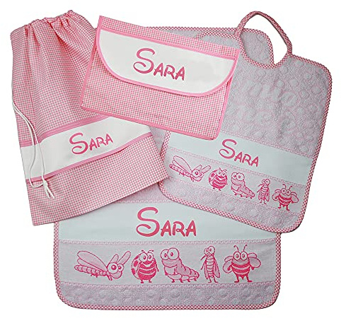 SET ASILO PERSONALIZZATO CON NOME composto da 4 pezzi:bavaglino spugna con elastico cm.28x33, asciugamano cm.40x55 ,sacca e bustina con fascia PERSONALIZZATI Cotone 100% Made in Italy (ROSA)