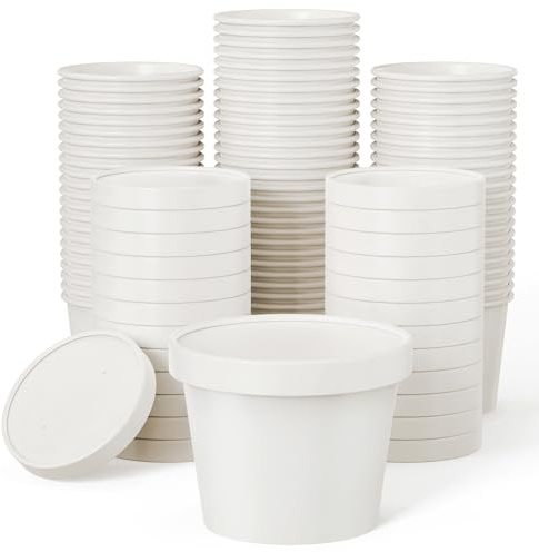 JOLLY PARTY 50pack 12oz Paper Soup Containers with Lids, Disposable Paper Food Cups, Ice Cream Cups, Food Storage with Lids, Microwavable and Freezer Safe, Suitable for Christmas Thanksgiving(White)