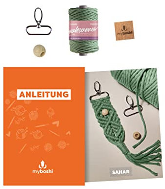 myboshi Makramee-Set Schlüsselanhänger Sahar, inkl. Makramee-Kordel, Anleitung und Zubehör, 4mm gezwirnt, Made in Germany, 100% Baumwolle Jade, mit Anleitung
