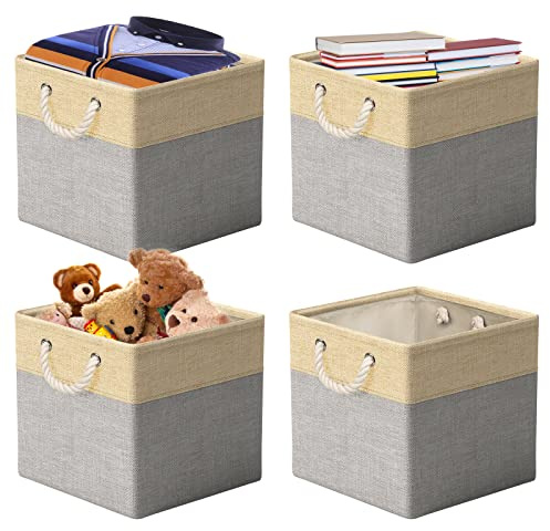 Aufbewahrungsbox Stoff 33x33 [4-Pack], Faltbarer Aufbewahrungsbox für Stoff, Ideal für Kallax-Regale, Schlafzimmer, Kinderzimmer - (Beige/Grau) RIWNNI