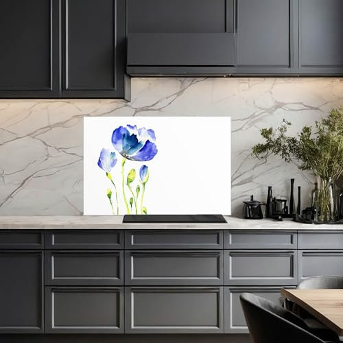 banjado Küchenrückwand Glas ohne Bohren 120x80cm – Glasrückwand Küche mit Motiv Blauer Mohn/Spritzschutz Küchenrückwand Glas/selbstklebende Küchenrückwand Platte - magnetisch & beschreibbar