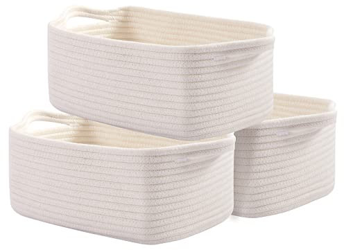 OIAHOMY Baumwollseilkörbe, gewebte Körbe für die Aufbewahrung, Kinderzimmer Aufbewahrungskörbe, dekorative Aufbewahrungskörbe, rechteckiger Aufbewahrungskorb mit Griffen, 3 Stück, Rein und Weiß