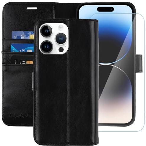 MONASAY Wallet Case for iPhone 14 Pro Max with 3 Card Holders - Black | Kickstand,RFID Blocking,6.6 feet of shock absorption,PU Leather, Strong Magnetic Closure, Fits 6.7 inch ONLY,Protective film