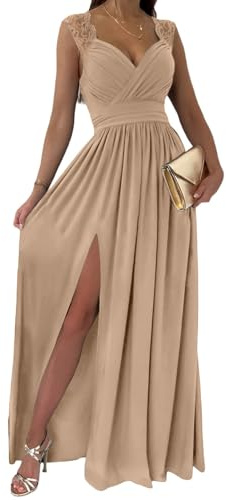 Dokotoo Womens Ladies Elegant Floor Length A Line Wrap Deep V Neck Backless Ruched Pleated Ruffled Split Long Maxi Formal Evening Party Prom Dress Bridesmaid Wedding Guest Dresses for Women Apricot S