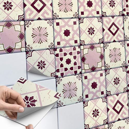 60 Stück Fliesenaufkleber, Mosaikfliesen 20x20 cm für Küche und Bad - Fliesenfolie, Klebefliesen selbstklebend - SET // Design: Mediterranean Tile Set - Red Purple