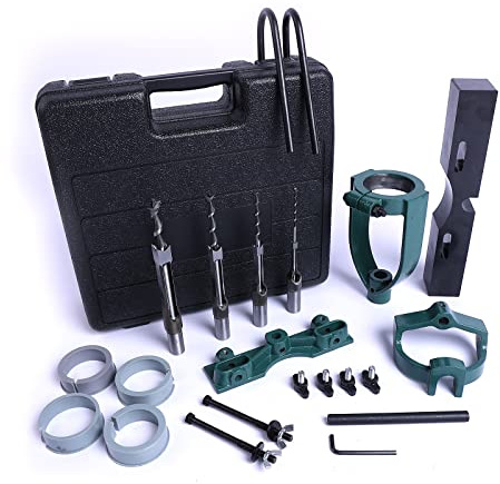 LNROE-K Mortising Attachment for Drill Press, 4 Model Drills Square Hole Chisel Set, Mortise and Tenon Tools, Drill Press Mortising Attachment Kit, Woodworking Mortise Bench Drill Locator Set