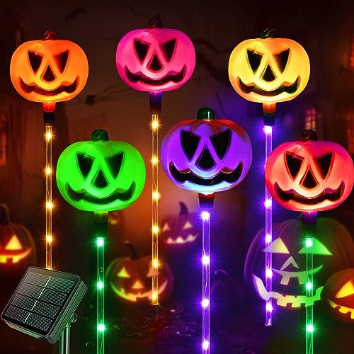 Homeleo Set of 6 Solar Pumpkin Stake Lights for Halloween Decorations Outdoor, Colour Changing Lights, Light up Decorations, Pathway Party Porch Yard Decor (HUK119)