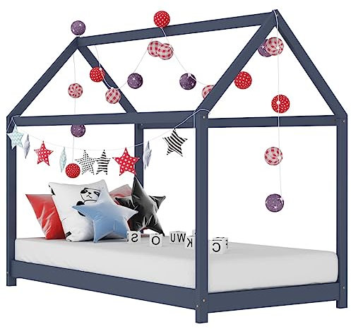 puraday Kinder-Bettgestell Grau Massivholz Kiefer Hausbett 70x140 cm Bett Kinder Holzbett Hausbett Deko Toddler Bed für Kinder Baumhaus Design Kann Vorhänge Hängen Elegant und Praktisch