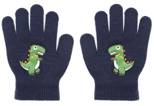 CHEERYMAGIC Kids Gloves, Children Stretchy Warm Thermal Gloves Winter Magic Full Fingers Glove Cute Dinosaur Pattern Mittens Knit Mittens for Boys Girls 5-11 Years Old Navy A7KLST