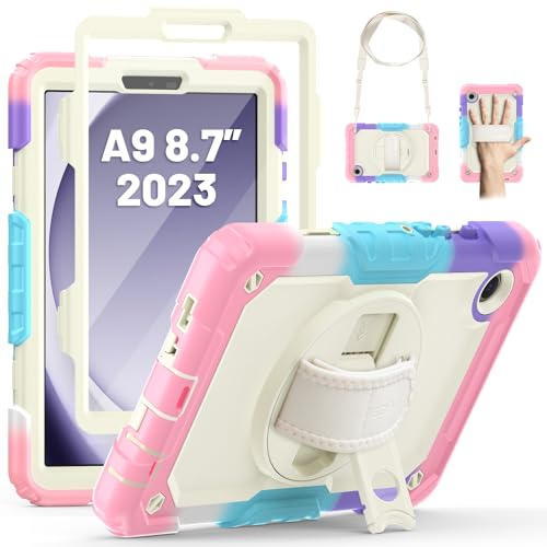 SEYMAC Case for Samsung Galaxy Tab A9 8.7 Inch 2023, Full Body Protective | Shockproof Case with Screen Protector, 360° Rotating Stand/Hand Strap, Shoulder Strap, Pen Holder SM-X110/X115/X117, Pink