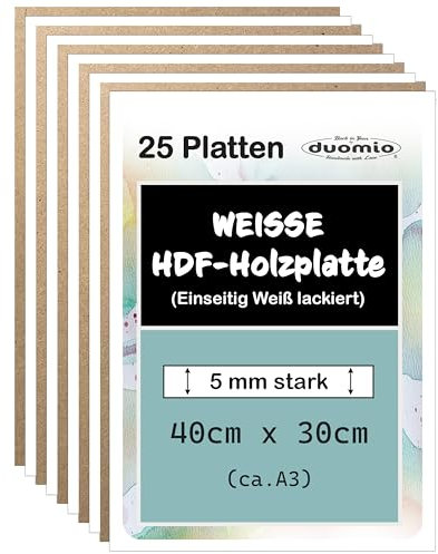 (25 Platten, A3, 5mm) Hochwertige HDF Hochverdichtete Faserplatten - Einseitig Weiß lackiert, besser als MDF Platten dicker, stabiler, günstiger 5mm; ideales Holz zum Basteln, bedrucken/Lasercut