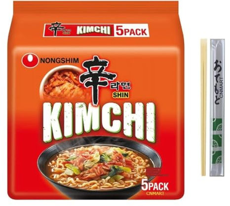 CNMART Korean Ramen Set - Kimchi Ramyun Instant Noodle Soup Halal 120g (Pack of 5) with Chopsticks