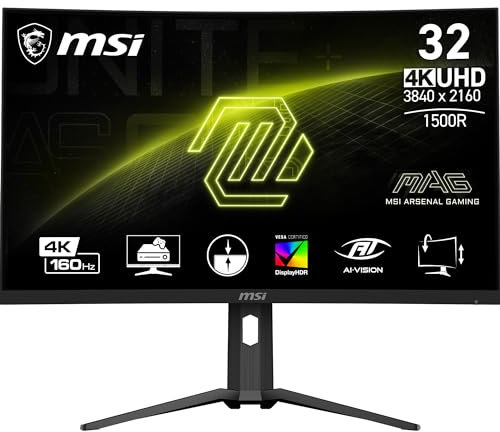MSI MAG 321CUP 315 Inch UHD Curved Gaming Monitor - 1500R 3840 x 2160 VA Panel, 160Hz - 1ms, Adaptive-Sync - DP 14a, USB Type-C (DP alt, w- 15W PD), HDMI 21 CEC