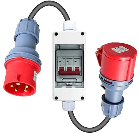 Jadeshay CEE Adapter 32A auf 16A, Starkstrom Adapter 32A Stecker auf 16A Kupplung Starkstrom Verteiler 5x2.5mm² CEE Verlängerungskabel mit Leitungsschutzschalter 16A für Wohnwagen im Freien
