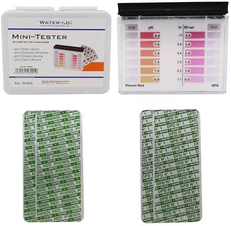 HAF® Mini Pooltester für Pool & Spa inkl. 40 Testtabletten (je 20x DPD No1 / Phenol Red) und Aufbewahrungsbox - Genauer chemischer Tester für freies Chlor, Brom & pH Wert - Qualität: Made in Germany