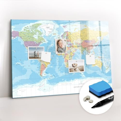 Tulup zum Beschriften Magnettafel mit Magneten und Stift Wandtafel Tafel abwaschbar Glasplatte Neodym-Magnete Magnetpinnwand 100x70 Schreibtafel mit Motiv - Politische Weltkarte