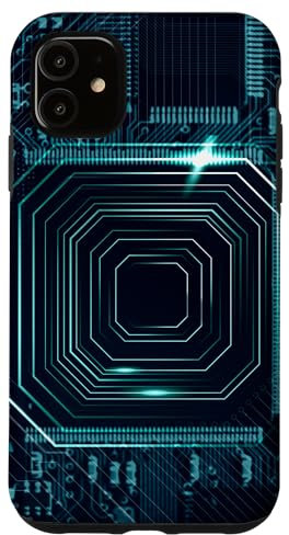 Coque pour iPhone 11 Carte mère circuit microchip fond noir informatique