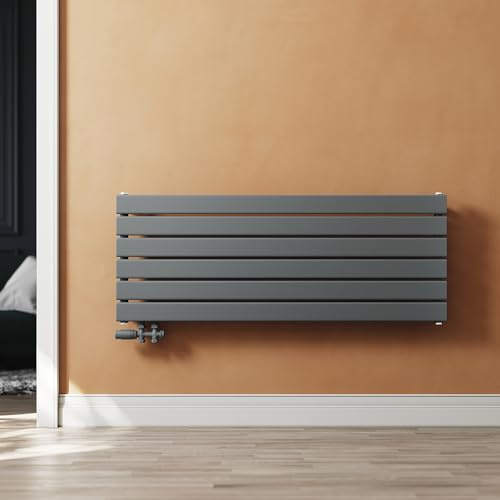 SUNXURY Heizkörper Design Paneelheizkörper 465x1200mm Horizontal Einlagig Heizkoerper mit Anthrazit Multiblock Seitenanschluss Anthrazit Badheizkörper