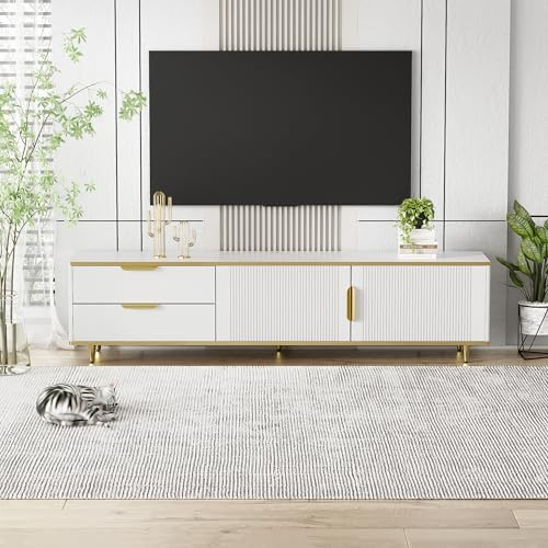 Sapgaks Meuble TV moderne avec 4 compartiments de rangement, poignées et pieds dorés, design élégant, structure en marbre pour salon (blanc, 175 x 40 x 45 cm)