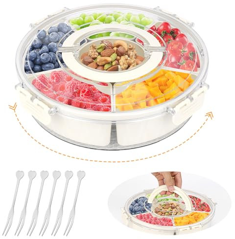 SelfTek Snack Box Compartiment, Bol Compartiment avec Couvercle Et Poignée, Bol à Collation avec 6 Bols et 4 Fourchettes à Fruits, pour Bonbons, Noix, Légumes, Biscuits