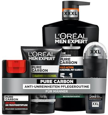 L'Oréal Men Expert 5in1 Pflegeset gegen Unreinheiten für Männer, Mit XXXL Duschgel, XXL Deoroller, Waschgel und Gesichtscreme, Set für Herren mit Karbon, Pure Carbon, 4-teilig