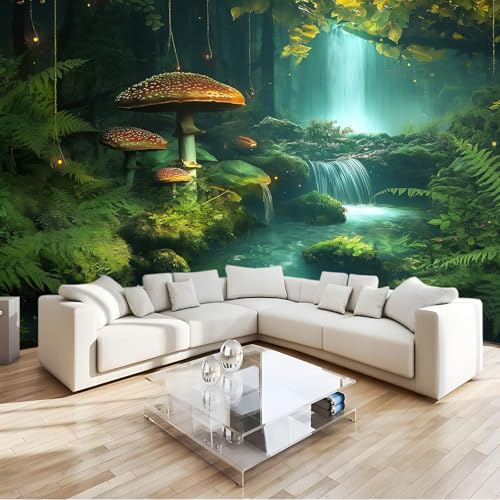 Générique Papier Peint Style Fantastique Forêt De Champignons Vert 3D Panoramique Murale Salon 350x256 cm Papier Peint intissé pour Chambre Salon Personnalisé Décoration Murale