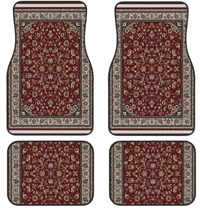 Tapis de sol de voiture aspect tapis oriental rouge rouille 4 pièces Ensembles complets de tapis de voiture Ajustement universel pour SUV, fourgonnettes, berlines, camions Protection toutes saisons Ta