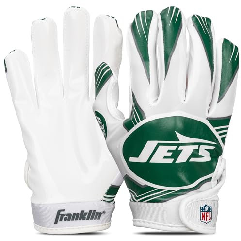 Franklin Sports New York Jets - Guanti da calcio NFL, con logo ufficiale della squadra NFL, attrezzatura da calcio per bambini + accessori, coppia M/L