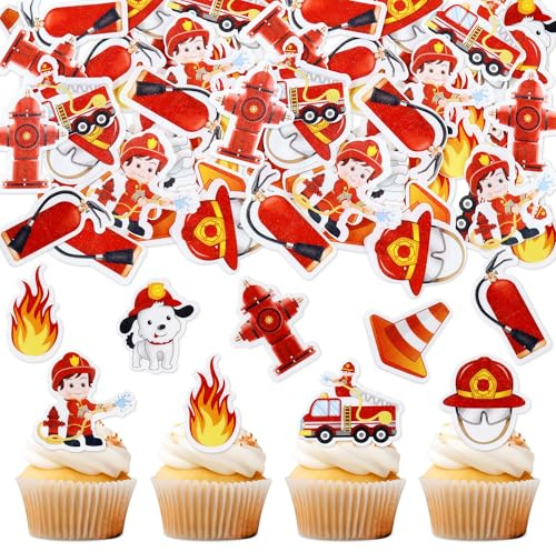 Blumomon 40 Stück Essbar Feuerwehrmann kuchen Cupcake Toppers Feuerwehr LKW Cupcake Dekorationen Baby Dusche Boy Mädchen Geburtstagsfeier Dekorationen