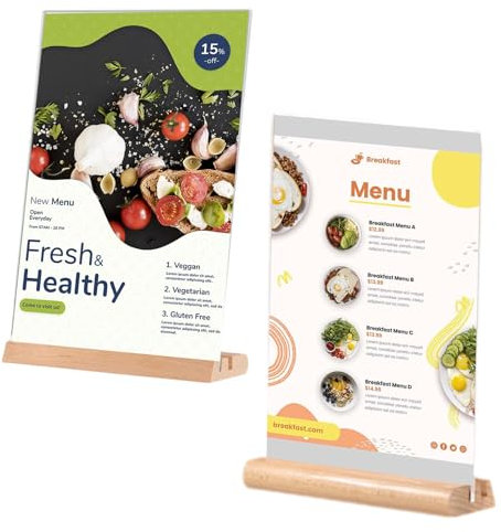 tintoke 2 pezzi Espositori Trasparenti A4,Porta Poster A4,Cartelli A4 Trasparenti a Forma di T,stand A4,Espositore A4 da Tavolo,Con base in legno, adatta per pubblicità, manifesti, menù, negozi, ecc.