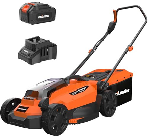 Maxlander Cortacésped eléctrico de 13 pulgadas, inalámbrico, 20 V, 2 en 1, alimentado por batería, con motor sin escobillas, ajuste de altura de 5 posiciones, batería y cargador incluidos