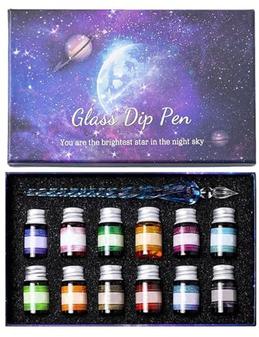 Ceprznvey Vielseitiges Tintenstift-Set, Kalligraphie-Stifte Kalligraphie-Kits für Anfänger, kreatives Schreibset, Glitzer-Glas-Tauchstift-Set, für Anfänger und Profis, komplettes Kalligraphiezubehör