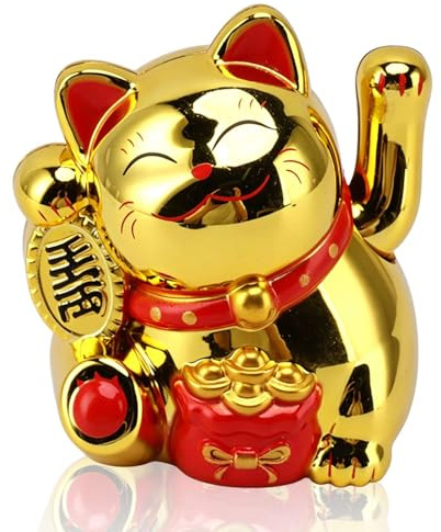 Jwthee Winkende chinesische Gl¨¹ckskatze mit Arm, solarbetrieben, 5,1 cm, Gl¨¹ckskatzenstatue, winkender Arm, chinesische Katze, winkender Arm, goldene chinesische Winkekatze mit